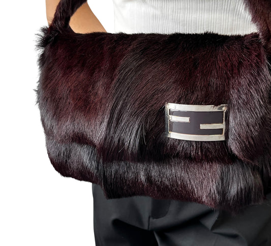 【Exclusive】FENDI Vintage FF Logo Mamma Baguette Fur Shoulder Bag Brown Silver 800205