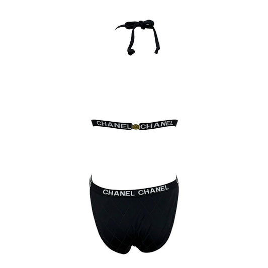 CHANEL Vintage CC Logo Swimsuit Swimwear Bikini Black White Nylon 106952