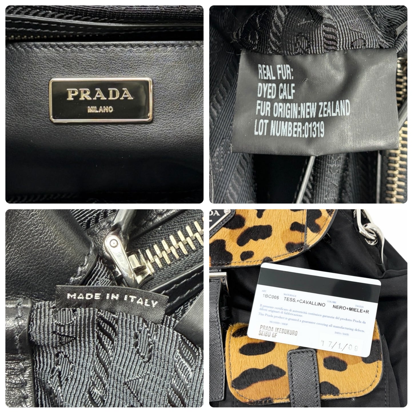 PRADA Vintage Leopard Calf Hair Shoulder Bag Black Nylon Leather Pony 800203