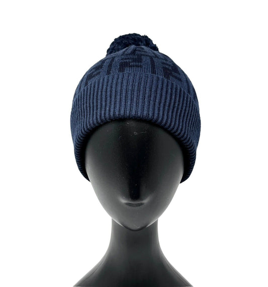 FENDI Vintage Zucca Monogram Logo Beanie Hat Knit Dark Blue Black Wool