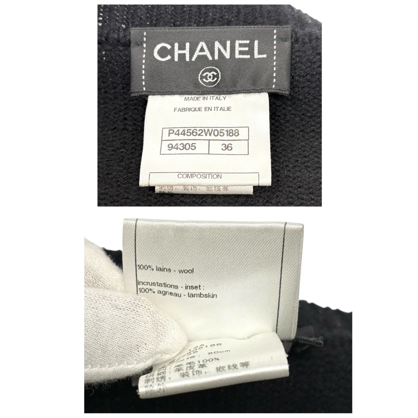 CHANEL Vintage P44562 CC Logo Lambskin Leather Knit Long Jacket #36 Wool Black