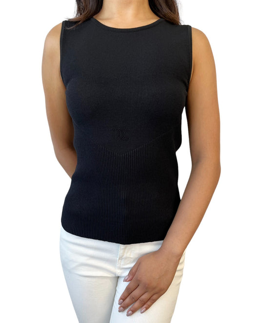 CHANEL Vintage 05P CC Logo Summer Knit Tank Top #42 Round Neck Black Viscose