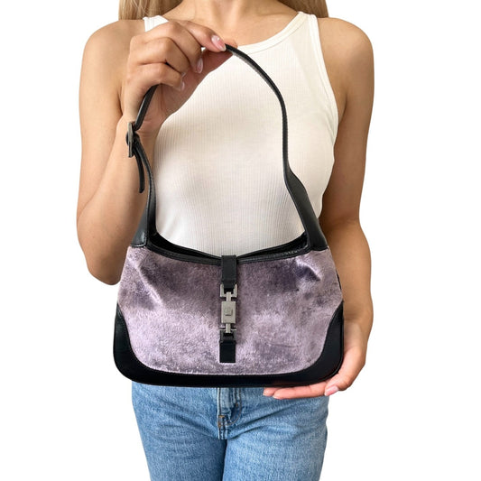 GUCCI Vintage Logo Jackie Velour Shoulder Bag Handbag Purple Black 902061