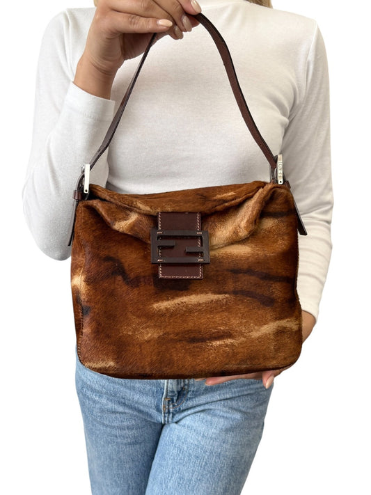 FENDI Vintage FF Logo Mamma Baguette Pony Calf Hair Shoulder Bag Brown Beige