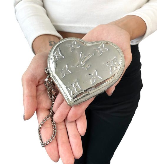 LOUIS VUITTON Vintage Monogram Miroir Porte Monnaie Coeur Coin Purse Silver