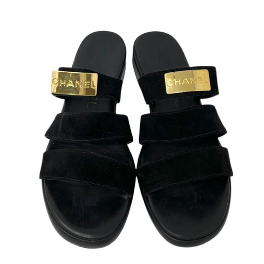 CHANEL Vintage CC Mark Logo Plate Slide Sandals #37-37.5 Black Gold Suede
