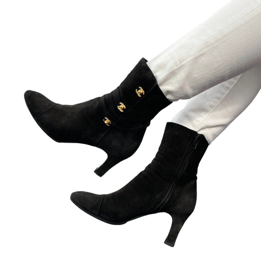 CHANEL Vintage CC Logo Turnlock Ankle Boots Heels #36.5 Black Suede Leather