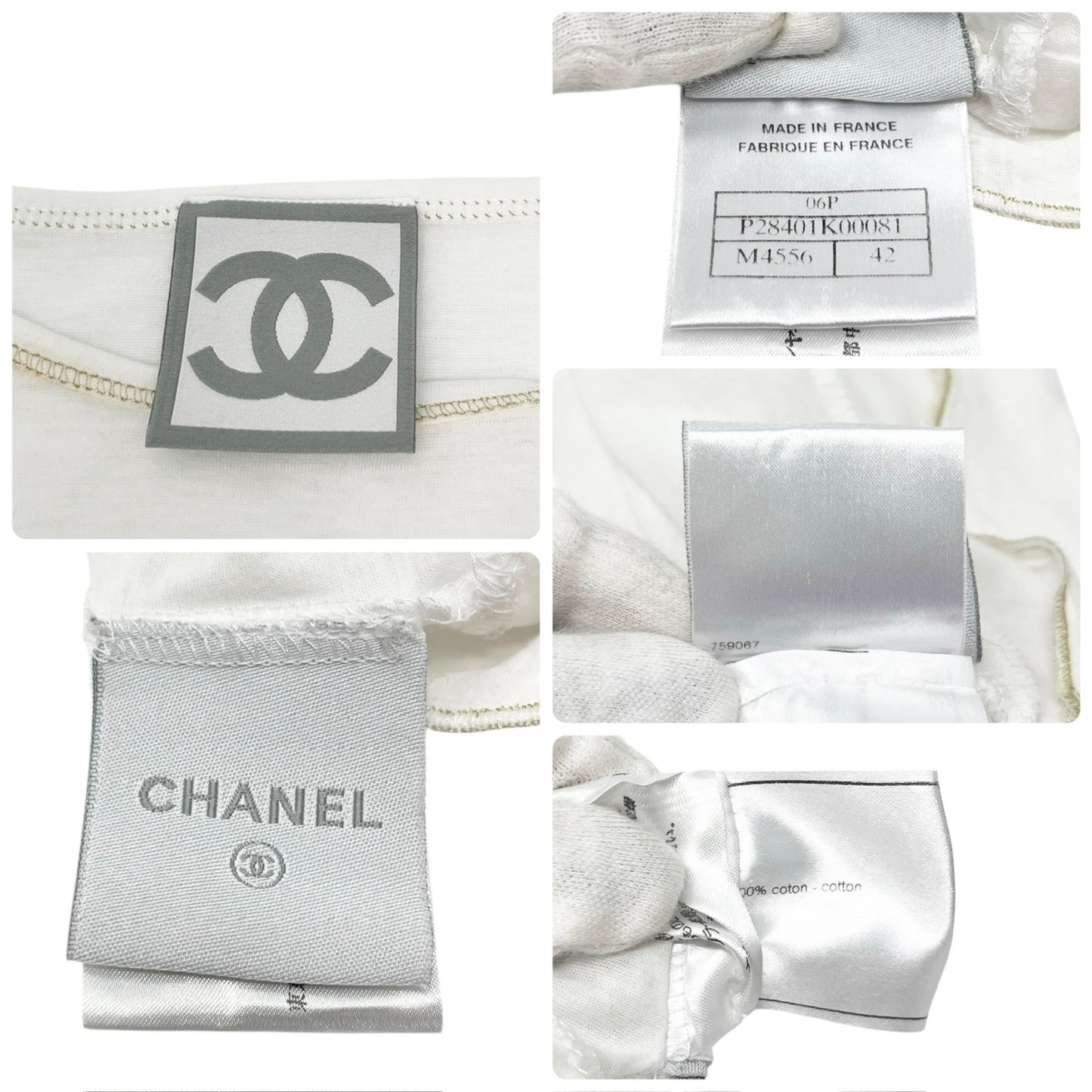 CHANEL Sport Vintage 06P CC Logo T-shirt Top #42 White Gold Cotton Frill