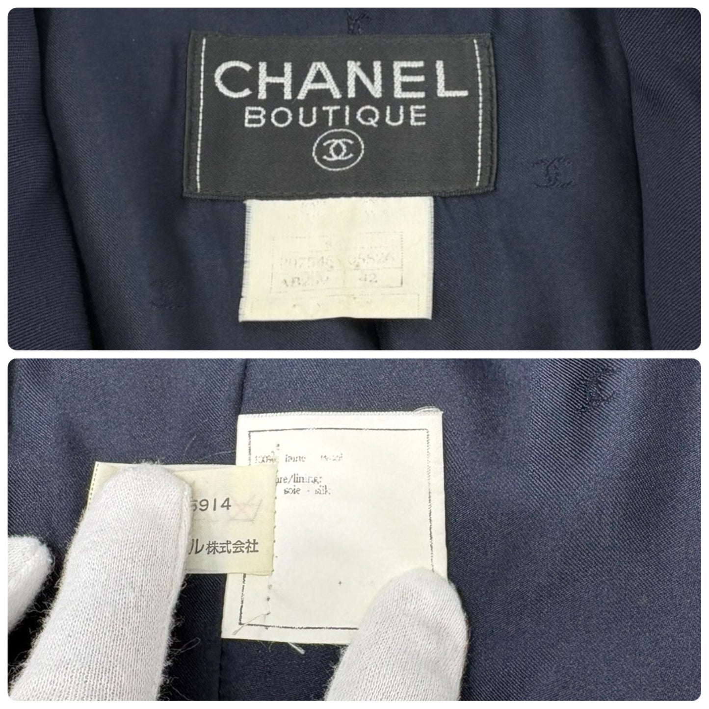 CHANEL Vintage 97P CC Logo Button Blazer Jacket #42 Dark Blue Gold Wool Pocket