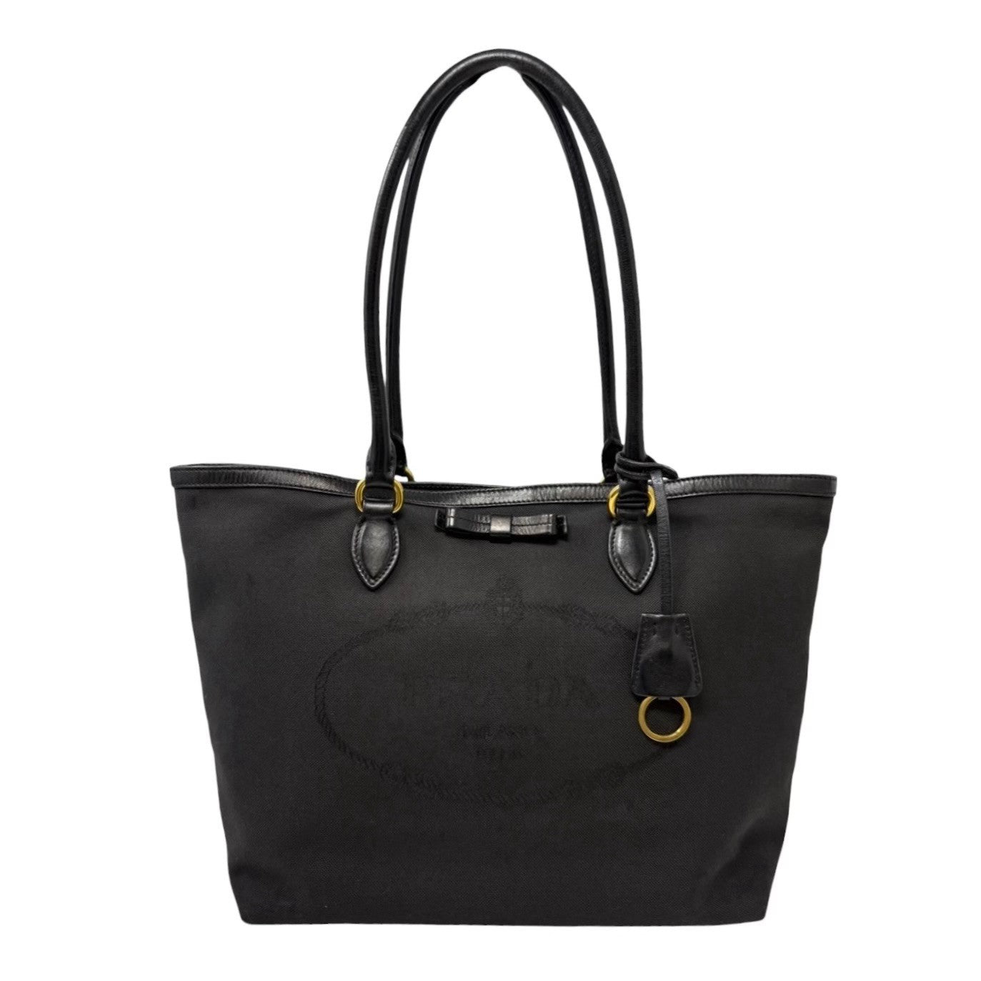 PRADA Vintage Milano Jacquard Logo Canvas Shoulder Tote Large Bag Black Ribbon