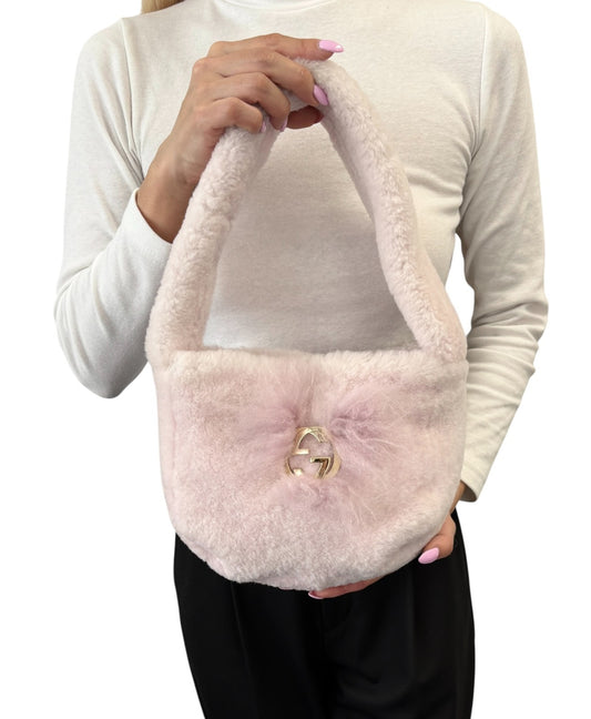 GUCCI Vintage GG Logo Fur Shoulder Bag Handbag Pochette Light Pink Gold