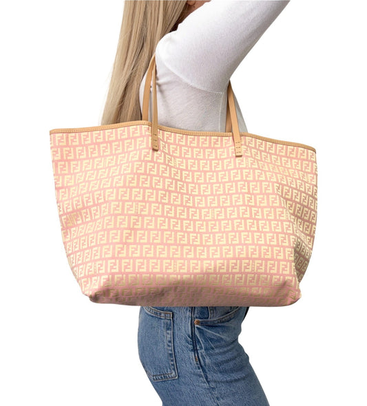 FENDI Vintage Zucchino Tote Shoulder Bag w/Pouch Pink Beige Canvas 902360