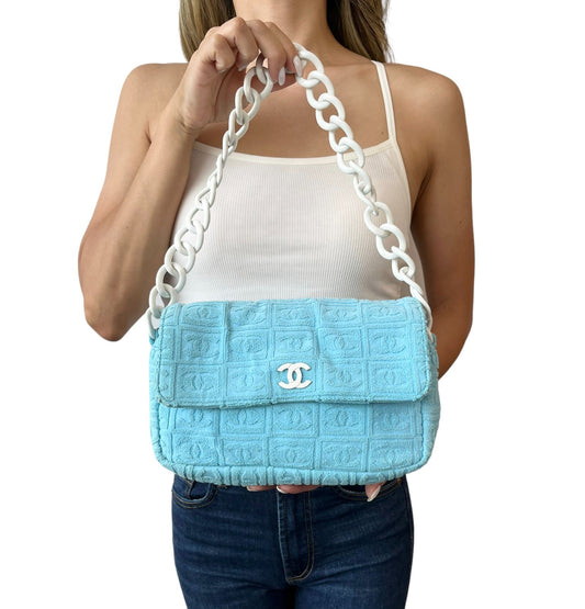 CHANEL Vintage CC Logo Terry Cloth Chain Shoulder Bag Blue White 901828