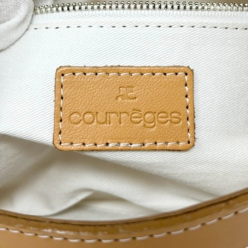 Courreges Vintage Logo Stitch Shoulder Bag Cream Brown Acrylic Leather Rank AB