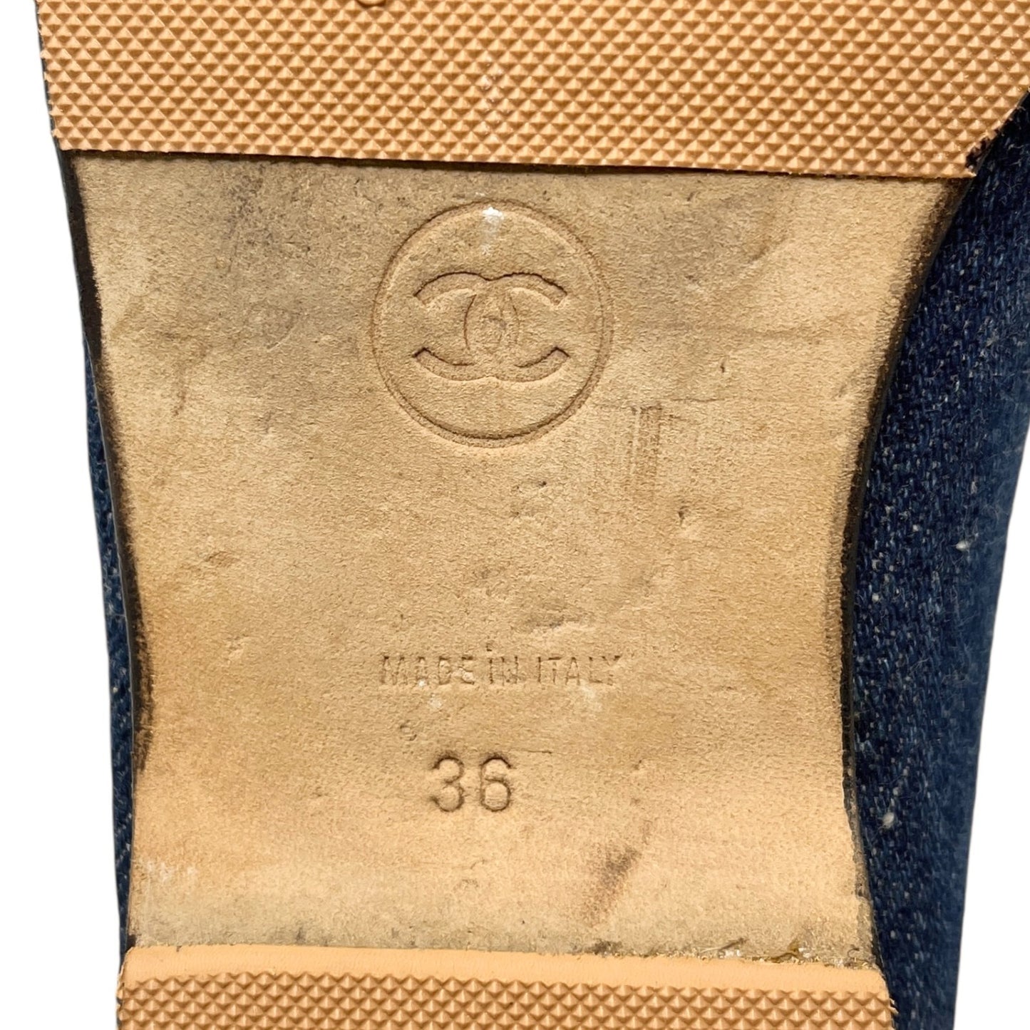 CHANEL Vintage 97P CC Mark Logo Denim Flat Shoes #36 Stitch Blue Beige Cotton