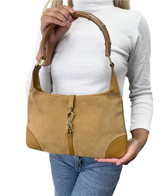 Gucci Vintage Bamboo Handle Hobo Shoulder Bag Beige Gold Suede Leather 902823