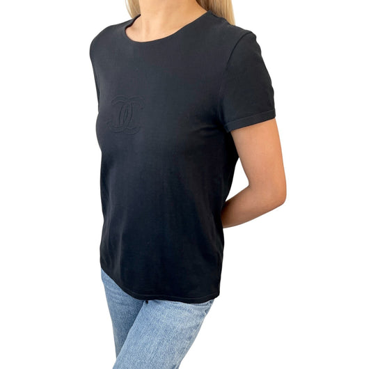 CHANEL Vintage 05C CC Logo Knit T-shirt #42 Short Sleeve Top Black 901186