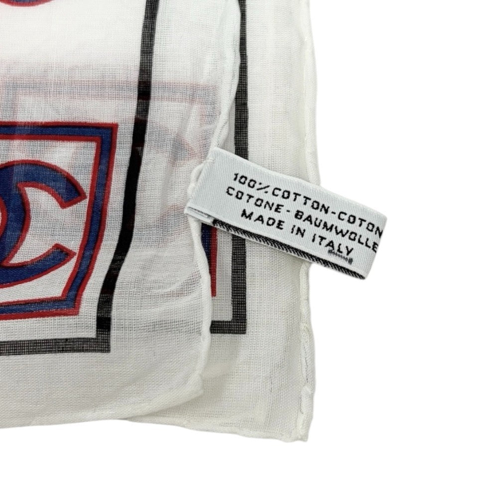 CHANEL Vintage Big CC Logo Scarf Wrap Headscarf White Blue Cotton 902009