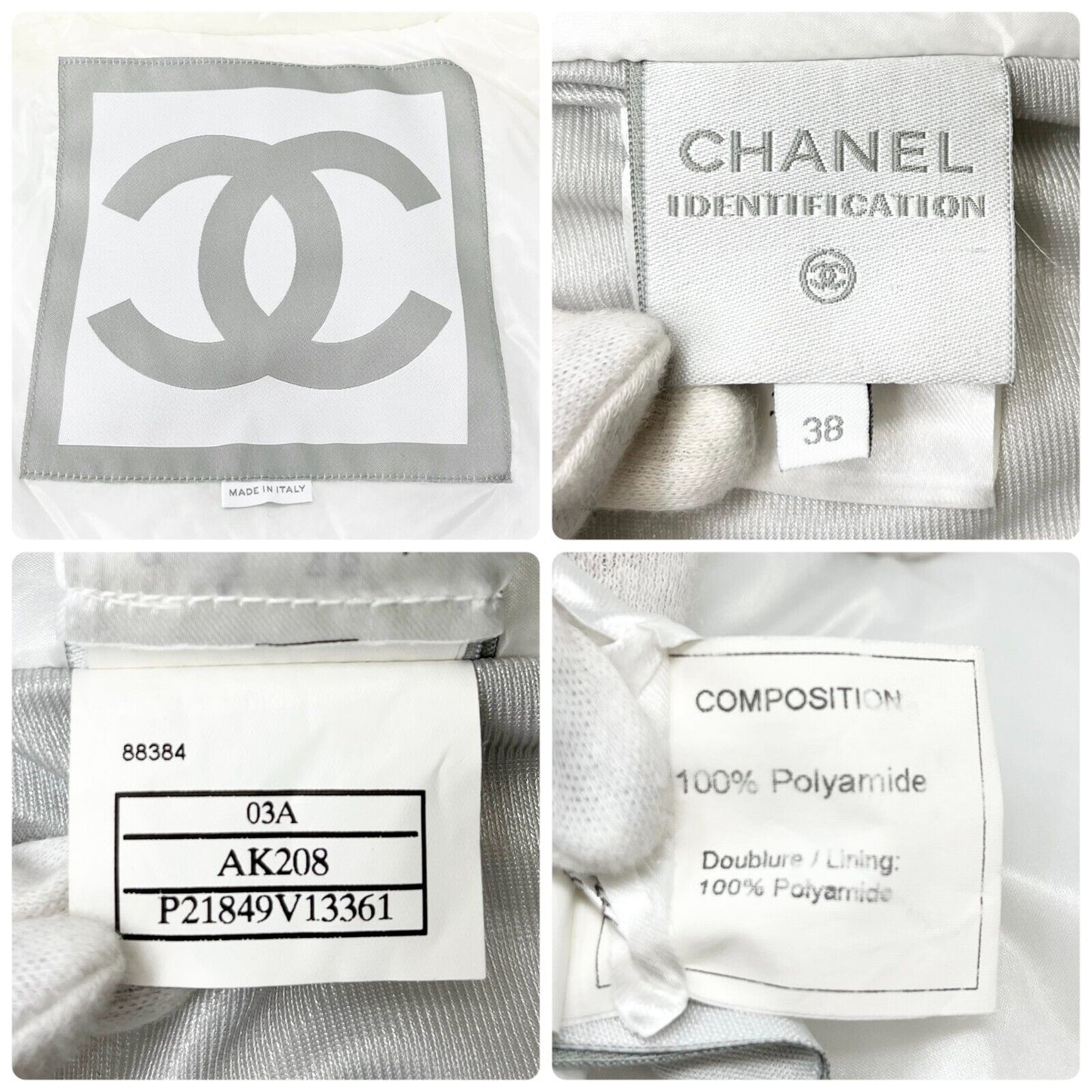 CHANEL Sport Vintage 03A CC Logo Puffer Jacket #38 Zip Button White Polyamide