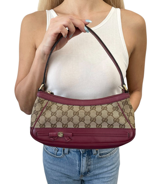 GUCCI Vintage GG Logo Monogram Canvas Mayfair Shoulder Bag Beige Pink Ribbon