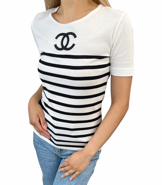 CHANEL Vintage CC Logo Strip T-shirt Top #38 White Black Cotton Short Sleeve