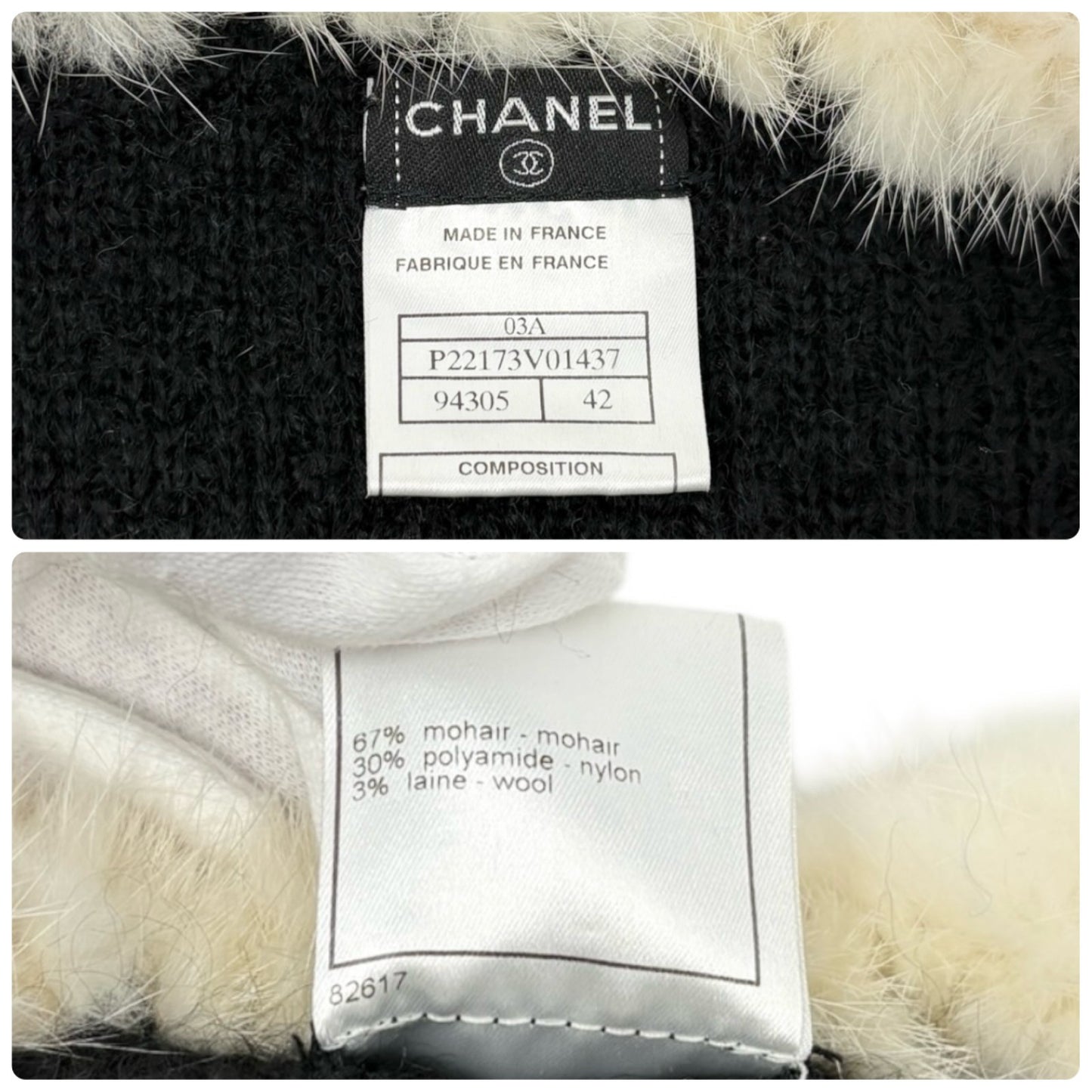 CHANEL Vintage 03A CC Logo Button Fur Trim Knit Jacket #42 Black White Mohair