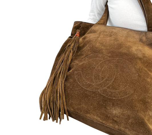CHANEL Vintage CC Logo Suede Shoulder Tote Bag Fringe Brown Stitch 902594