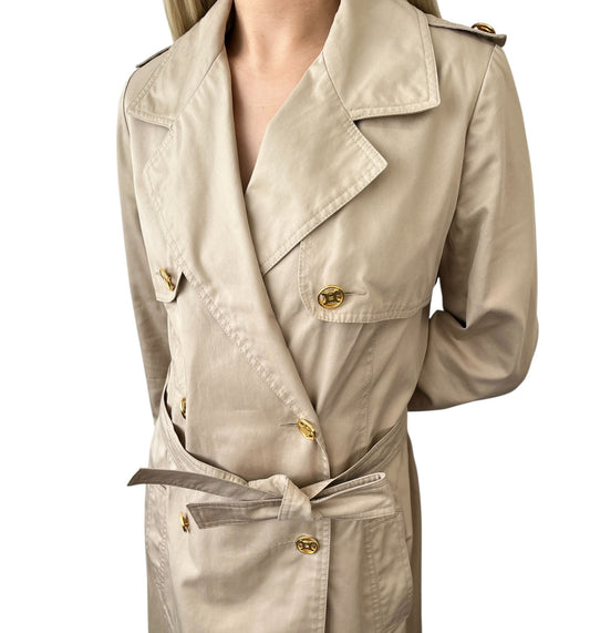 CELINE Vintage Macadam Logo Button Trench Coat Long Jacket #40 Beige Gold Cotton