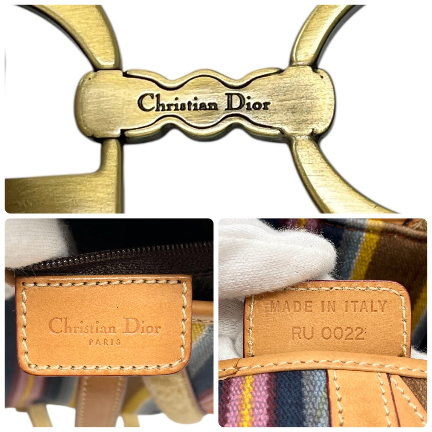 Christian Dior Vintage 2002 Logo Stripe Saddle Shoulder Bag Multicolor Camel