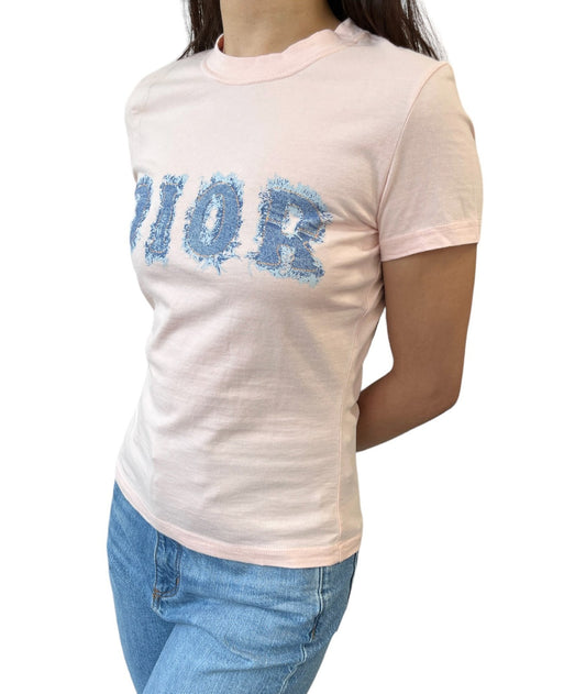 Christian Dior Vintage 2003 Denim Print Logo T-shirt Top #38 Pink Blue 902583
