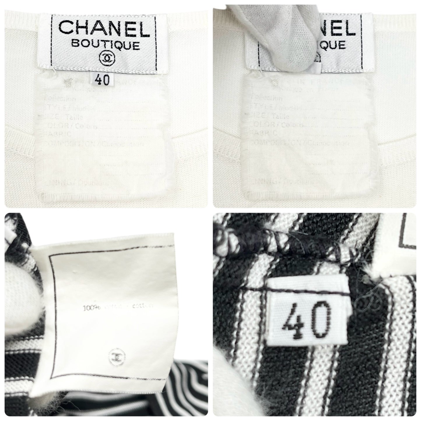 CHANEL Vintage CC Logo Stripe Knit Tank Top #40 Bicolor White Black Cotton