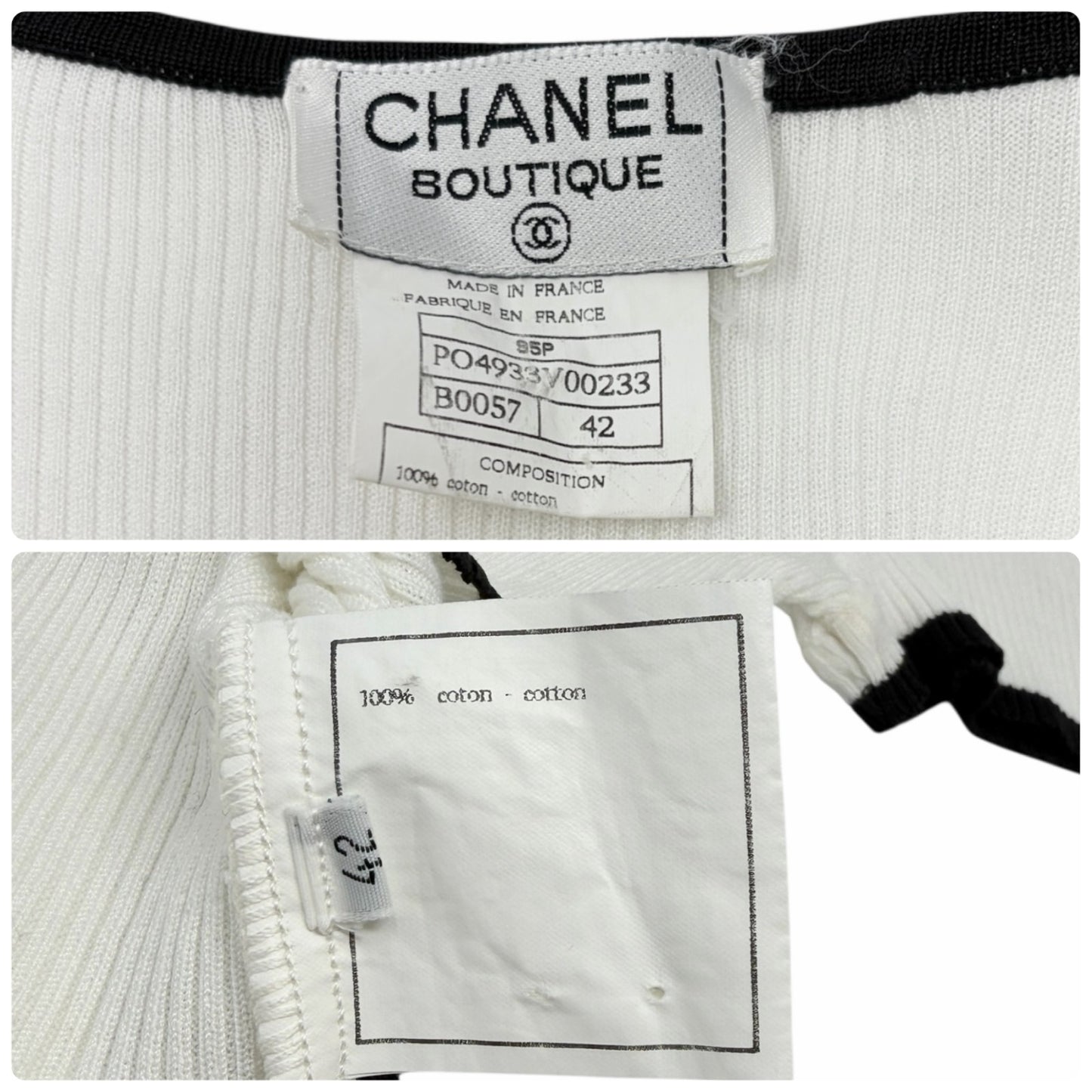 CHANEL Vintage 95P CC Logo Button Knit Cropped Ribbed T-shirt #42 White Cotton