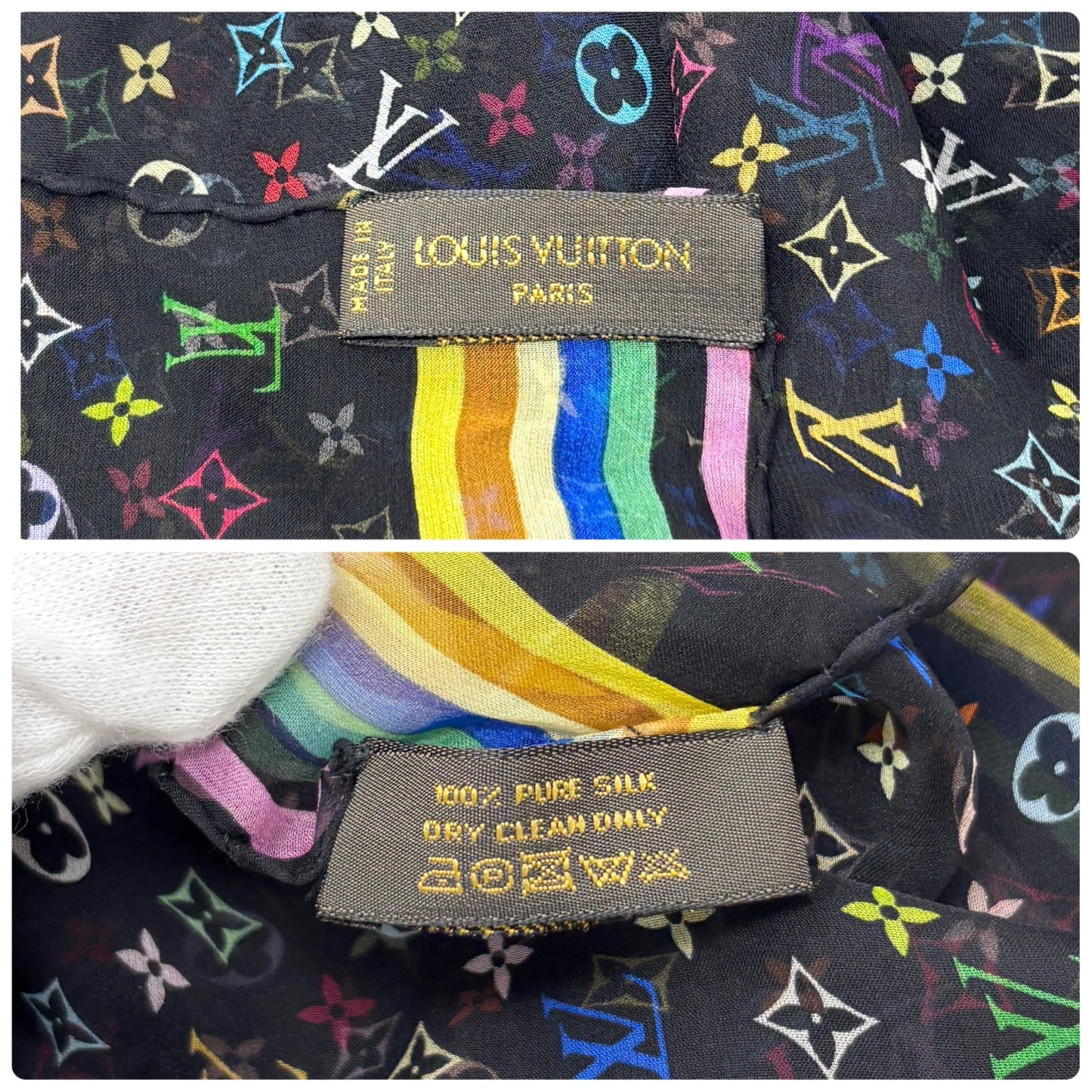 LOUIS VUITTON Vintage LV Multicolor Monogram See-through Scarf Wrap Black Silk