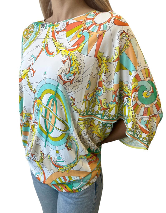 EMILIO PUCCI Logo Poncho Top #38 Button Multicolor Rayon Short Sleeve Pullover