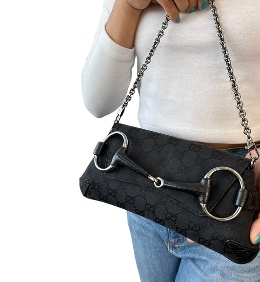 GUCCI Vintage GG Monogram Horsebit Chain Mini Bag Black Silver Canvas 902022