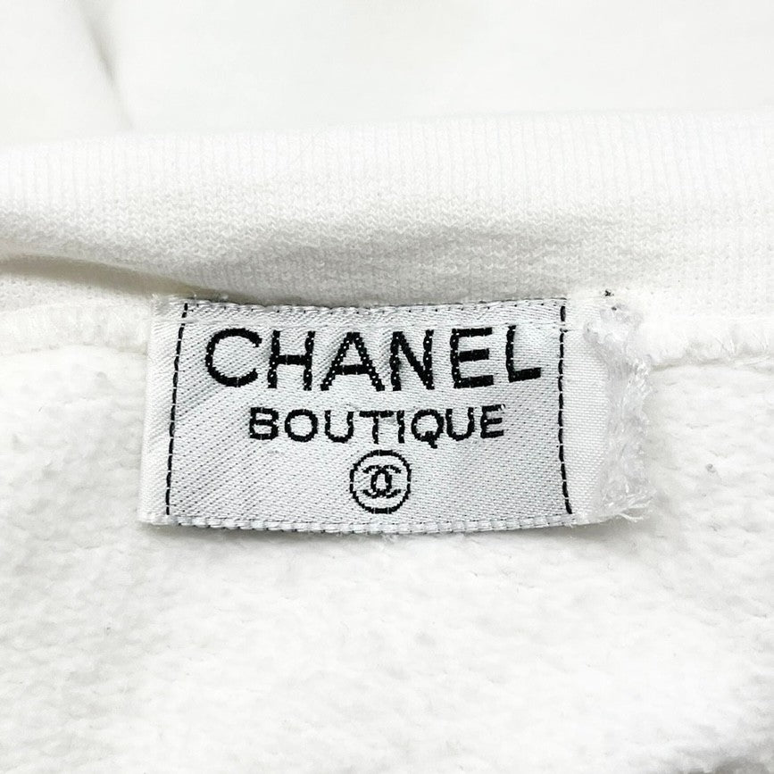 CHANEL Vintage CC Mark Logo Hoodie Sweatshirt Pullover Top White Black Cotton