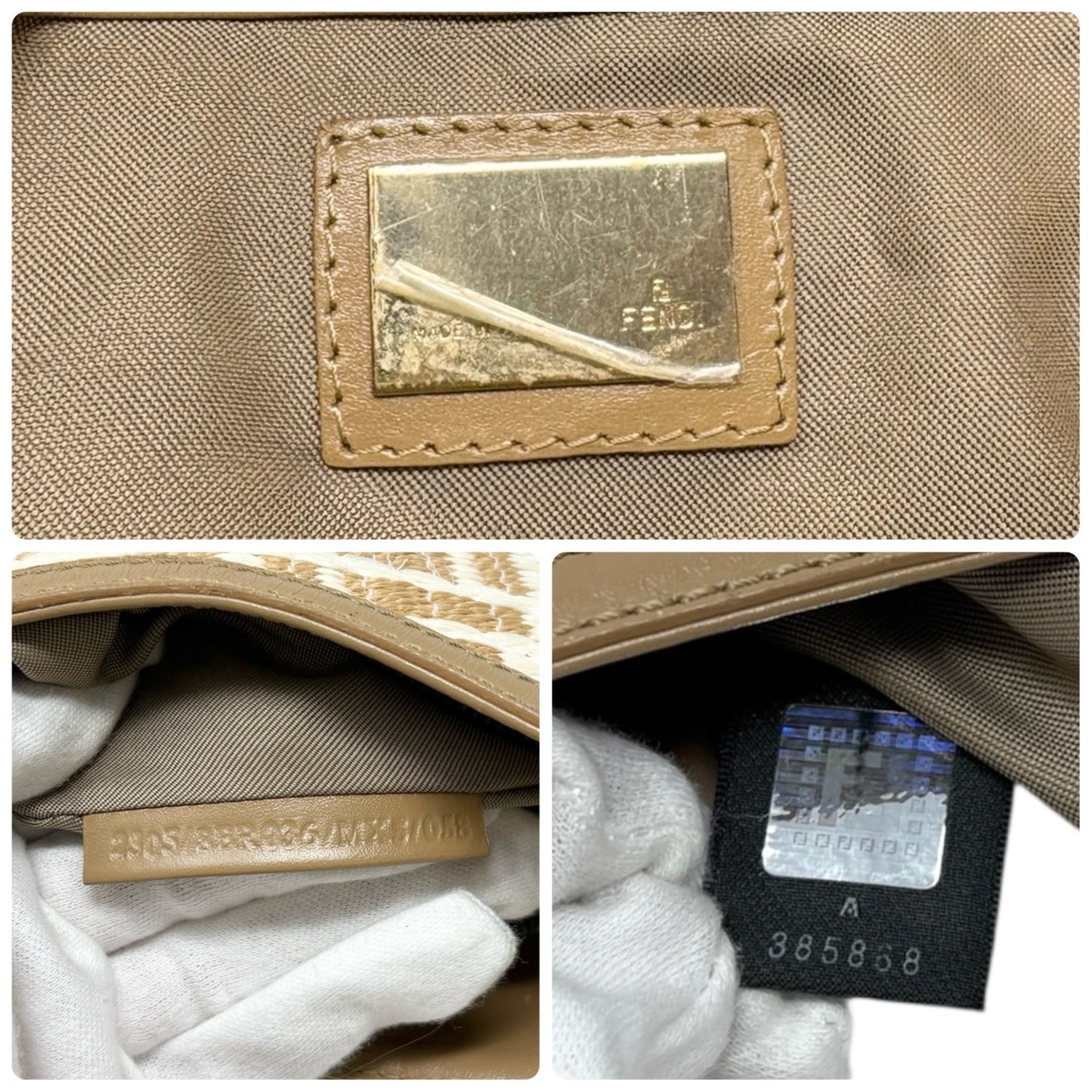 FENDI Vintage FF Logo Zucca Raffia Hobo Shoulder Bag Beige White Leather