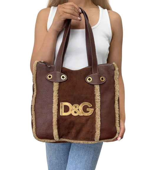 DOLCE&GABBANA Vintage DG Logo Fur Tote Shoulder Bag Brown Beige Suede 902426