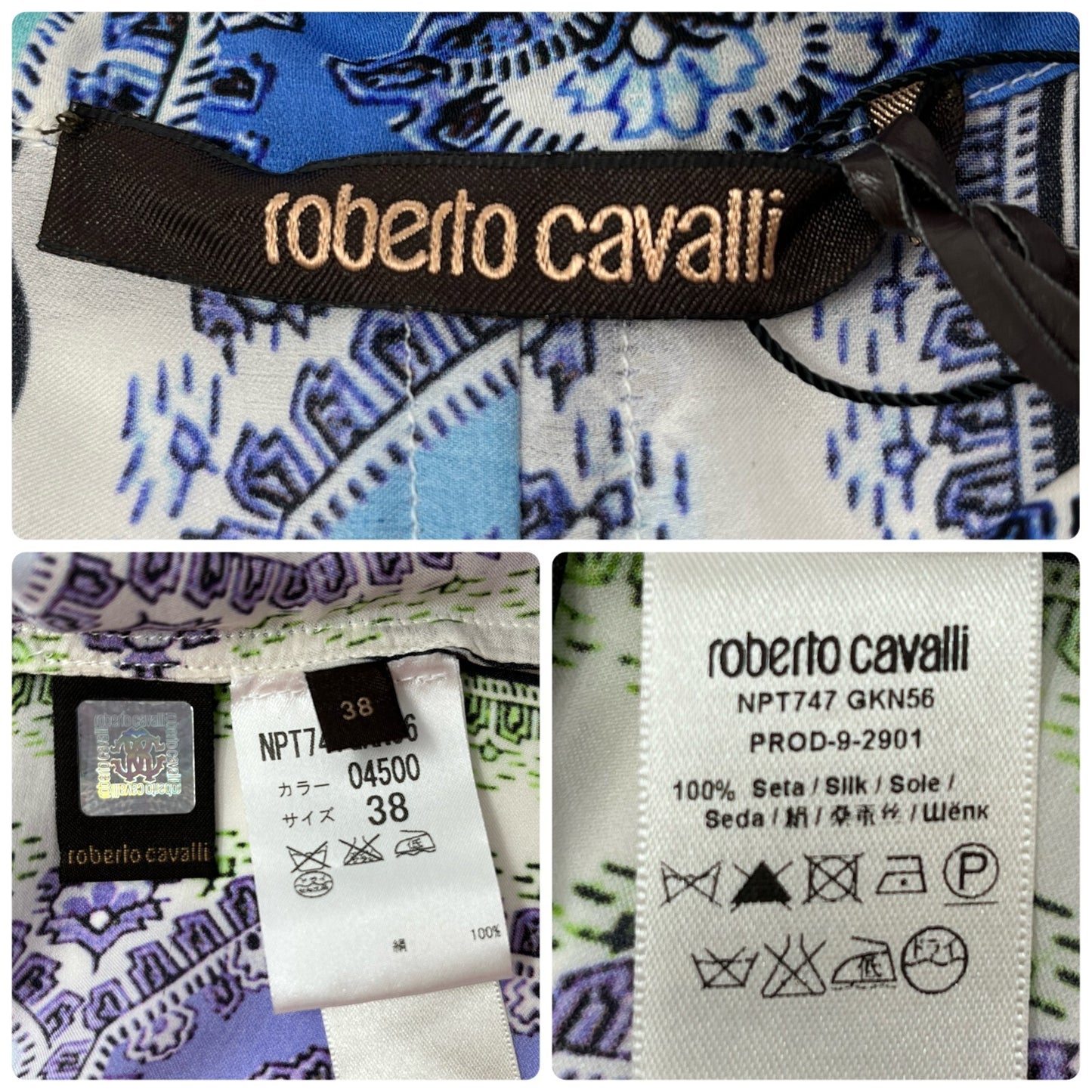 Roberto Cavalli Vintage Shirt Top #38 Rhinestone Button Blue Purple Silk RankAB
