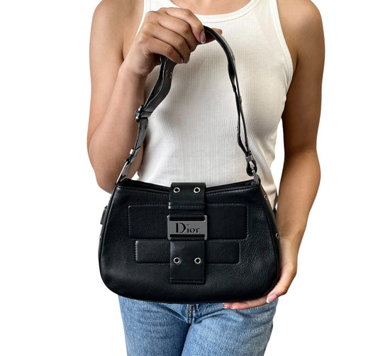 Christian Dior Vintage Street Chic Shoulder Bag Black Silver Leather 902204