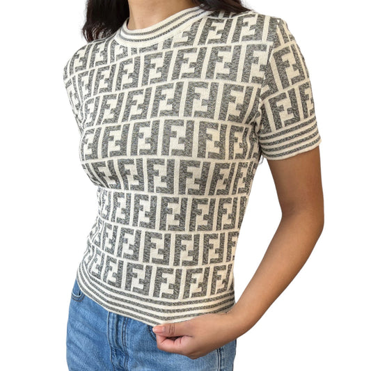 FENDI Vintage Zucca Monogram Short Sleeve Sweater Knit Top Cotton Gray Cream