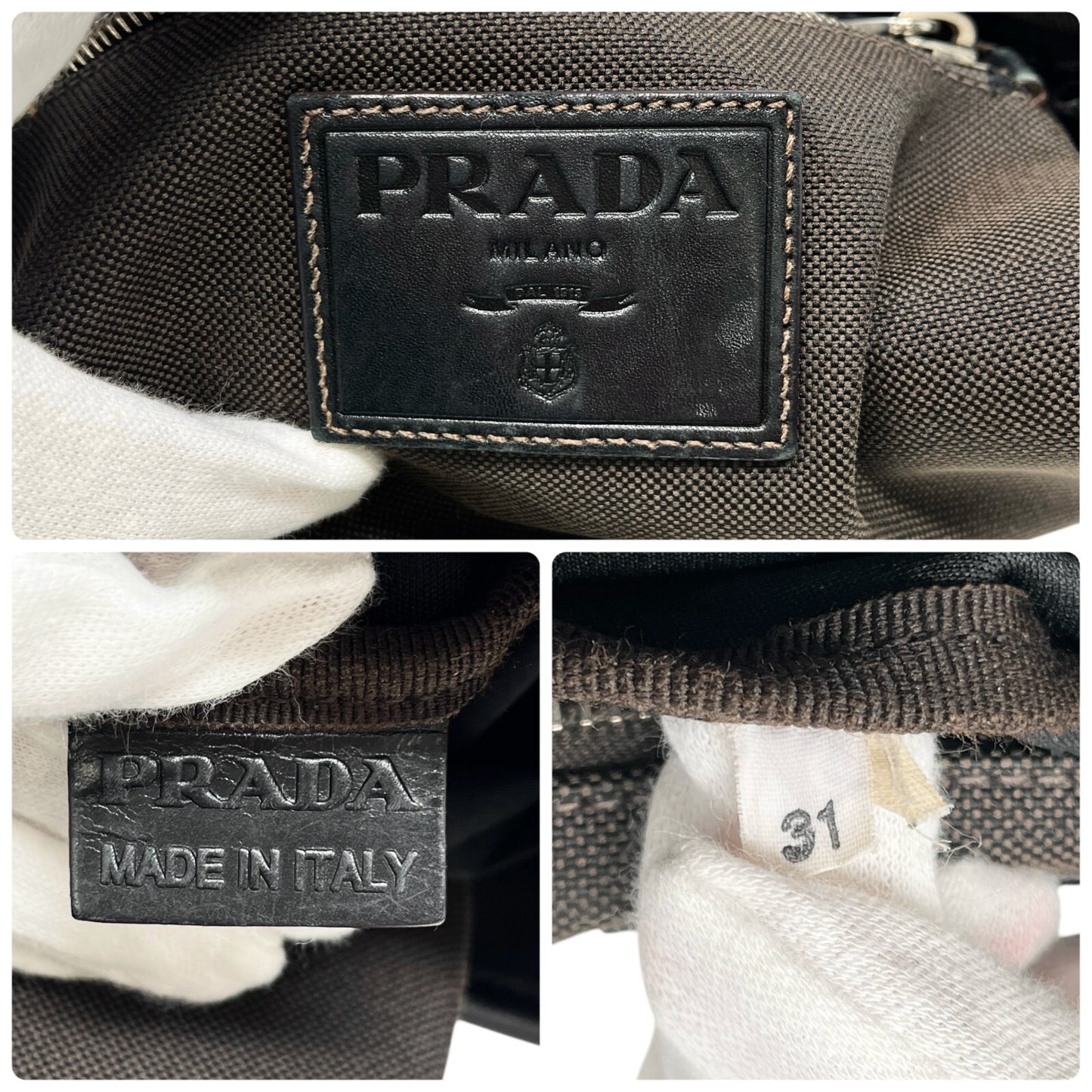PRADA Vintage Logo Crossbody Shoulder Bag Brown Silver Cotton Leather