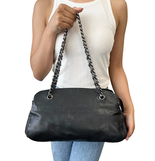 CHANEL Vintage CC Logo Stitch Chain Shoulder Bag Black Silver Leather 902203