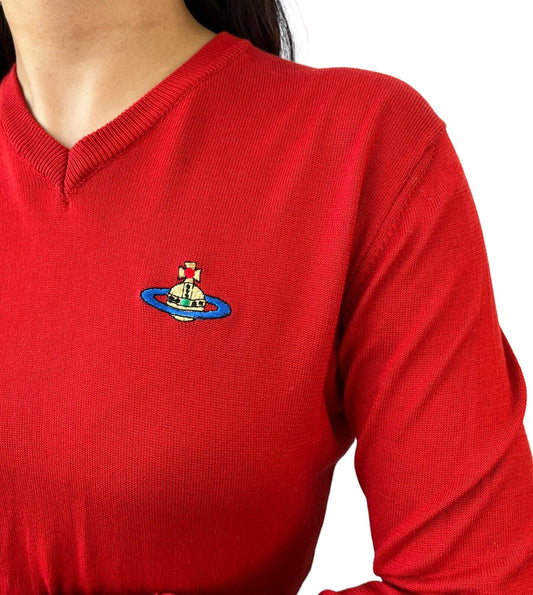 Vivienne Westwood Vintage Orb Logo Cropped Top #M V-neck Red Knit Cotton RankAB