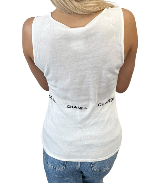 CHANEL Vintage 04P Logo Letter Knit Tank Top #38 White Black Cotton 902554