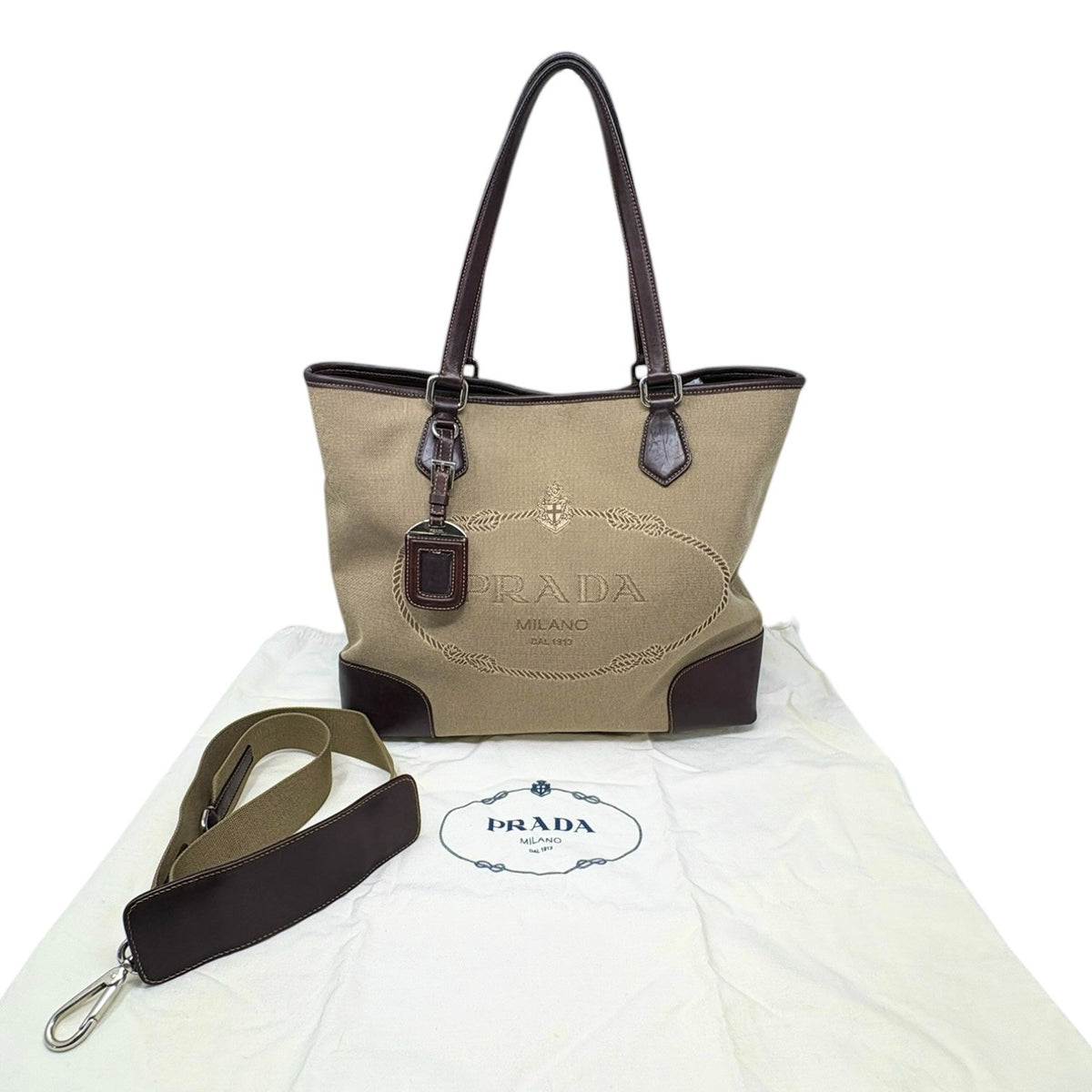 PRADA Vintage Jacquard Logo Tote Bag Brown Silver Canvas Leather 902911