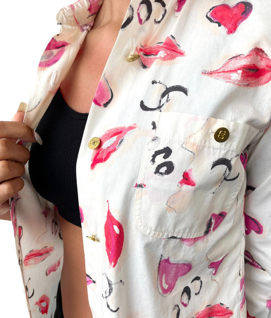 CHANEL Vintage 1995 CC Logo Long Sleeve Shirt Blouse White Button Lip Cotton