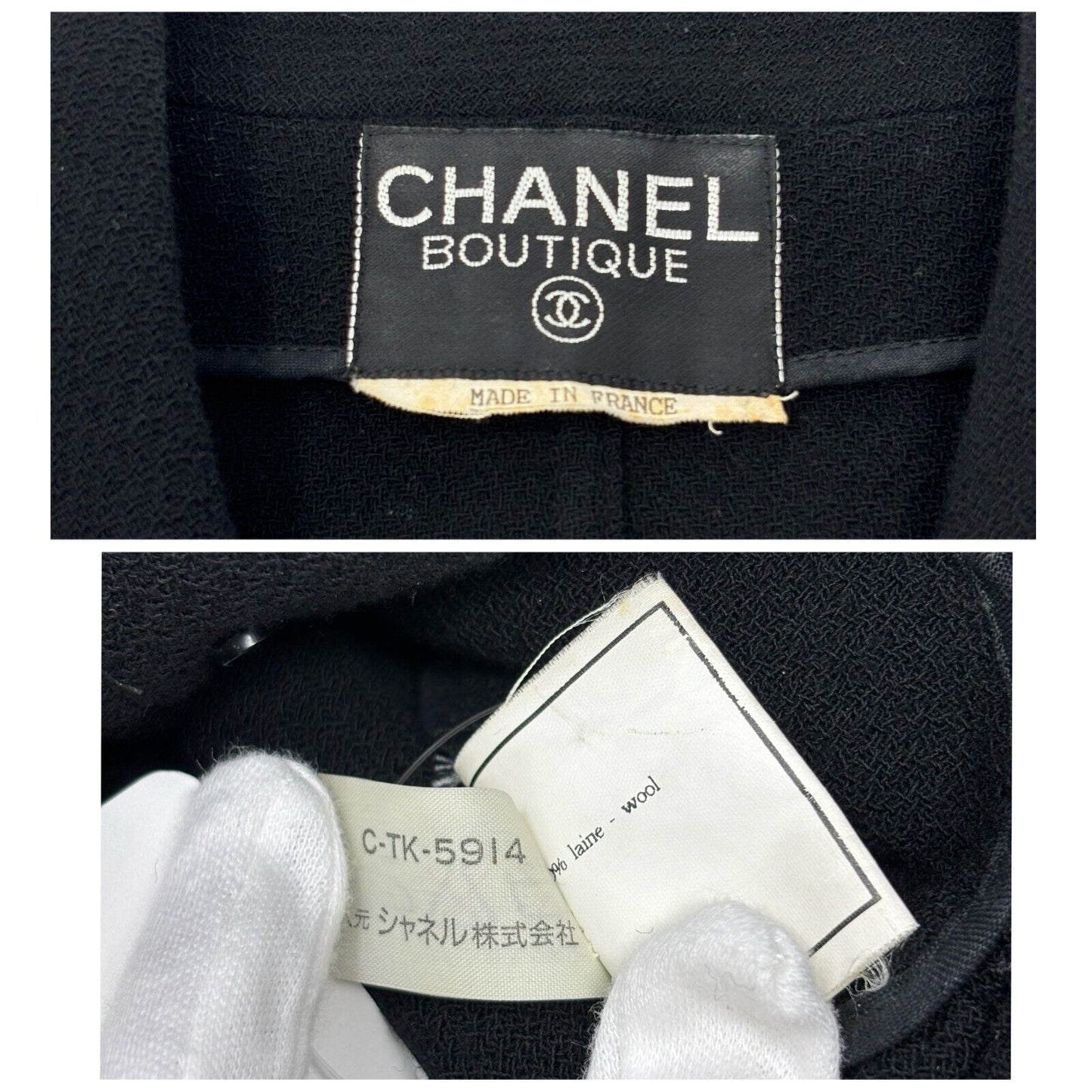 CHANEL Vintage CC Logo Button Long Jacket Top Black Gold Wool Pocket Collar