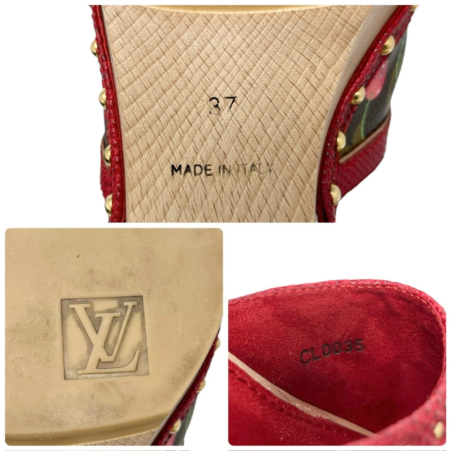 LOUIS VUITTON Vintage Lv Logo Monogram Cherry #36.5-37 Red Brown Leather