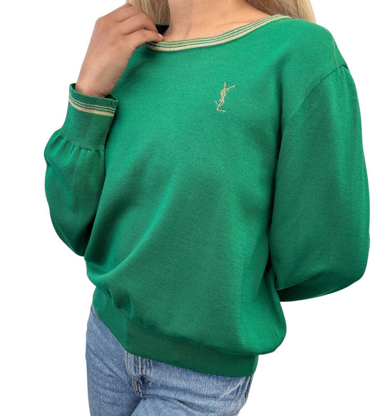 Yves Saint Laurent Vintage YSL Logo Knit Sweater Top #L Pullover Green Gold